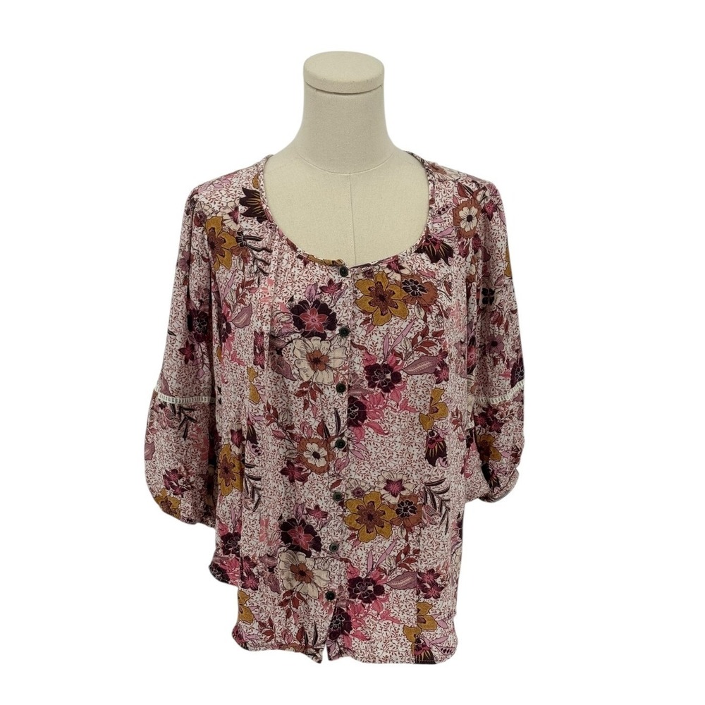 Knox Rose 100% Rayon Pink & Yellow Floral Peasant Top (Size L)